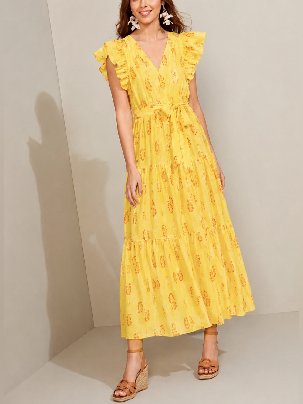 NWT A Loves A Floral Metallic Striped Print Surplice V-Neck Tiered Maxi Dress - Picture 3 of 9